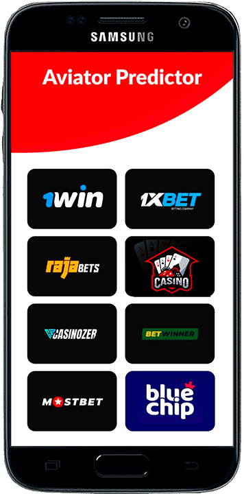 Mobile interface layout of the Aviator Predictor app listing compatible gaming platforms including 1Win, 1XBet, Rajabets, and Betwinner