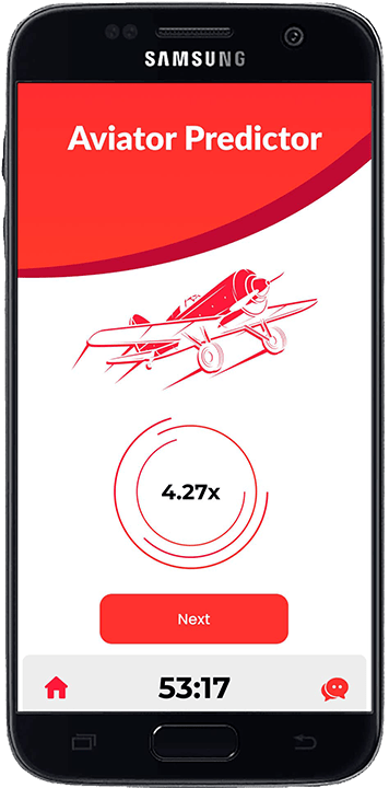Screenshot of the Aviator Predictor mobile app interface showing a red propeller plane graphic and a live multiplier prediction of 4.27x with a Next button