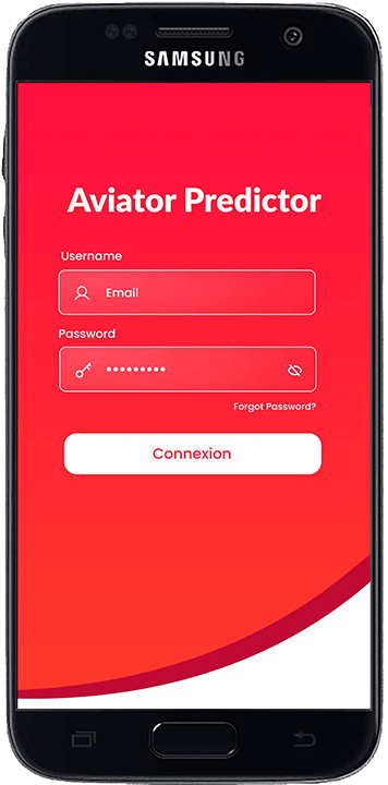 Secure login screen for the Aviator Predictor mobile app featuring email username and password input fields with a Connexion button